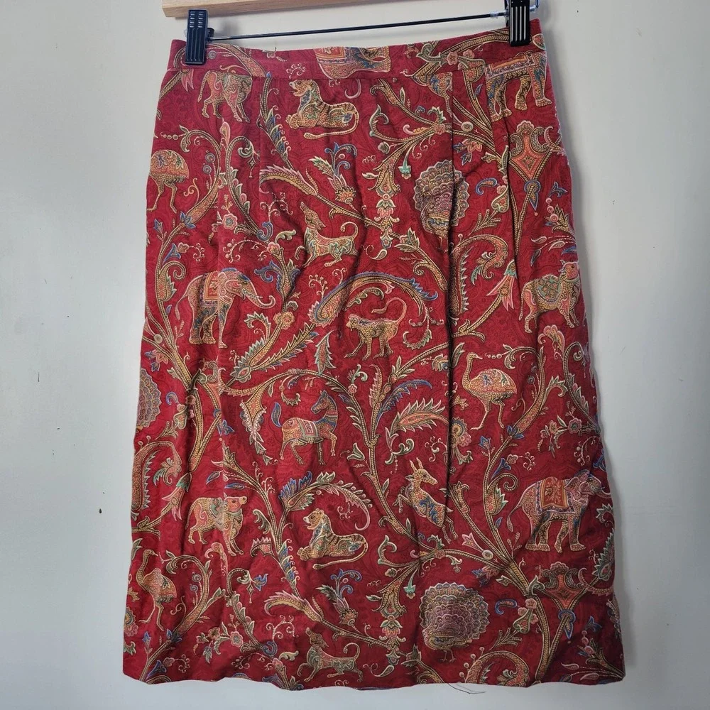 Positive Attitude Tapestry Skirt Set Womens Petite Red Vintage Animal Print EXCL